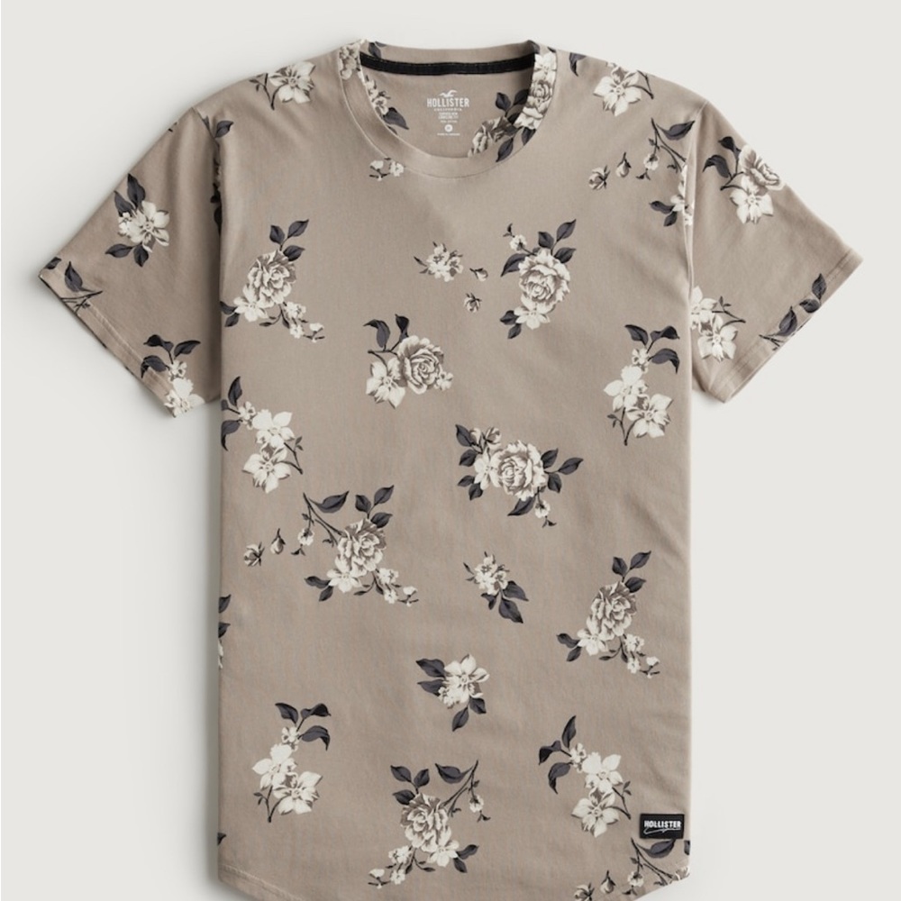 Hollister Men T-Shirt light Brown Floral Hawaiian Short Sleeve Crew Neck